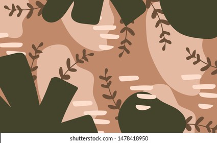 Abstract khaki background with hand drawn elements. Vector texture for textile, wrapping paper and clothes design. Simple modern texture with floral shapes. 