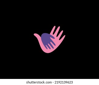 Abstract Kid Hand And Adult Hand Logo. Flat Care Support Help Sign Logotype. Bird, Wing Vector Illustration