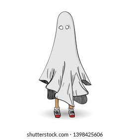 Abstract the kid is playing a blanket character, Vector drawing, creative illustration cute cartoon object on white background for decoration graphic design and artwork, Halloween holiday conceptual.