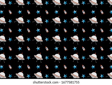 Abstract kid science pattern science pattern with spacecraft star rocket design vector black background. Concept via spacecraft icon suitable for background, wallpaper, website and room kids.