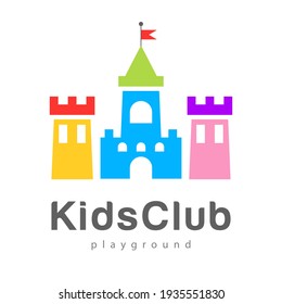 Abstract kids city logo playground,kids zone icon,king castle sign,bastion symbol.Design template bright logotype kids club,shop,wooden toys store,children play,baby center or park.Vector illustration svg