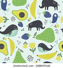 Abstract kids fruits and animal vector seamless repeat pattern.