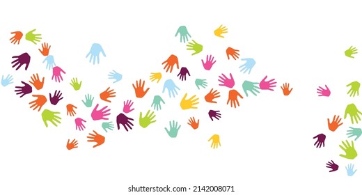 Abstract Kids Handprints Art Therapy Concept Vector Illustration. Child Paint Hand Prints Art Therapy Pattern. Kids Group Handprint Silhouettes.