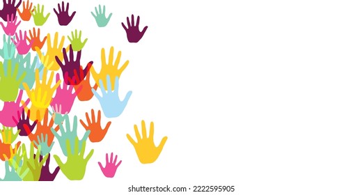 Abstract kids handprints art therapy concept vector illustration. Toddler paint hand prints play and joy concept. Kids group handprint silhouettes.