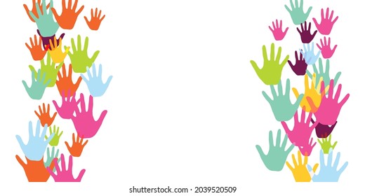 Abstract kids handprints nursery games concept background design. Toddler paint hand prints play and joy concept. Children and adult handprints, palms with five fingers isolated.