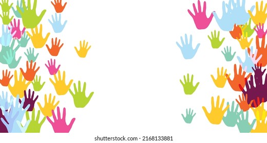 Abstract Kids Handprints Nursery Games Concept Background Design. Child Paint Hand Prints Art Therapy Background. People Handprints In Pain Of Different Color.