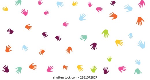 Abstract kids handprints nursery games concept background design. Baby paint hand prints play and joy concept. Human palm handprints illustration.