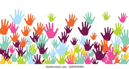 Abstract kids handprints preschool education concept vector illustration. Baby paint hand prints play and joy pattern. Kids group handprint silhouettes.