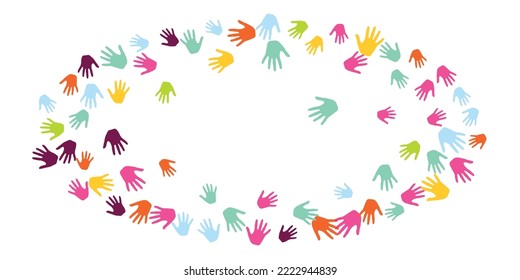 Abstract kids handprints preschool education concept background design. Kid paint hand prints art therapy pattern. Kids group handprint silhouettes.