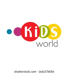 Abstract kids logo with colorful circles and letters in them on white background. Design template icon for children's toys store, kids zone and centre, school and prescool.Vector illustration.