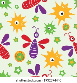 Abstrakte Kinder Muster Drachenfliege für Stoffdesign. Handgezeichnete Tapete. Tiermuster. Kleine Illustration. Cartoon-Stil.