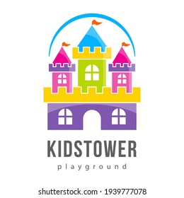 Abstract Kids Tower City Logo Playground, Kids Zone Icon, King Castle Sign, Bastion Symbol With Rainbow.Template Bright Logotype Kids Club, Shop, Wooden Toys Store, Children Play, Baby Center Or Park.