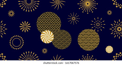 Abstract kimono pattern. Seamless design with ornate circles. Template for textile design, cards, gift wrappings. Golden on black.