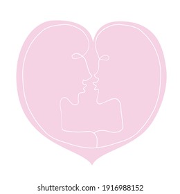 Abstract kiss, a couple of lovers, inscribed in a big heart. We're connected. Line art, doodle, vector. For ad poster or card print, t-shirt, wedding, Valentines Day, february 14