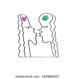 Abstract kiss. We are connected. Simple funny illustration. Line art, doodle, vector.  