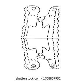 Abstract kiss. We are connected. Simple funny illustration. Line art, contour, doodle, vector. For ad poster or card print, t-shirt, wedding, Valentines Day, february 14