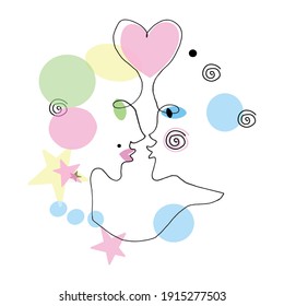 Abstract kissing couple. Abstraction, line art, flat design. Vector clipart, decoration for card print, wedding, Valentines Day, love theme