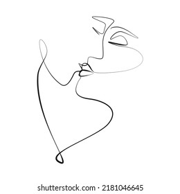 Abstract Kissing Couple One Line Drawing, Shapes On White Isolated Background. Modern Minimalist Pair Concept. Human Faces, Vector Illustration