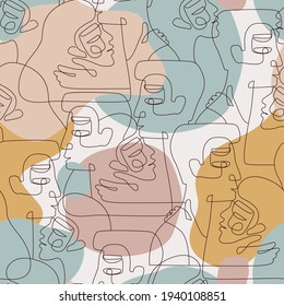 Abstract kissing couple seamless pattern. Contemporary art style. Portraits of kissing woman and man in continuous line drawing with geometric shapes background in neutral colors. Vector illustration