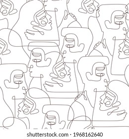 Abstract kissing couple seamless pattern. Contemporary art style. Portraits of kissing woman and man in continuous one line drawing in black on white background. Modern vector illustration