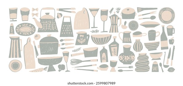 Abstract kitchen appliances and utensils drawn by crayon, pencil or pastel. Hand drawn vector cute childish illustrations. Doodle sketch cutlery for cooking. Vector decor for cafes and restaurants