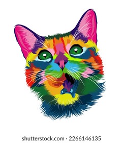 Resumen Retrato facial gatito gatito, cara de gato de pinturas multicolores. Gato europeo. Dibujo de color. Retrato de un bozal de un gatito, boquilla de un gato. Ilustración vectorial de pinturas