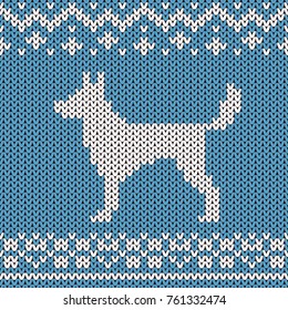 Abstract knitted dog seamless pattern background. Knit texture for design new year card, christmas invitation, holiday wrapping paper, winter vacation travel and ski resort advertising etc.