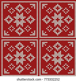 
An abstract knitted pattern from flowers, snowflakes. Red white background. For fabrics, wrapping paper, patterns for knitting, design, background.