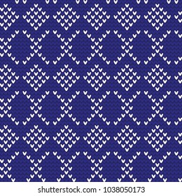 Abstract knitted pattern, white on a blue background using geometric shapes of squares, rhombuses. For design and decoration, fabrics.
