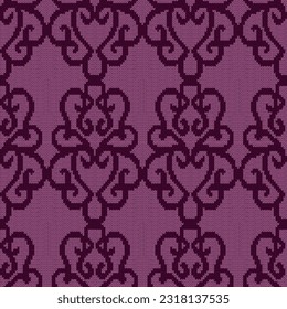 Abstract knitted seamless ornamental pattern in magenta hues, vector as a fabric texture