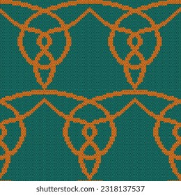Abstract knitted seamless ornamental pattern in turquoise and orangecolors, vector as a fabric texture