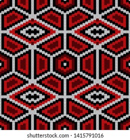Abstract knitting ornamental seamless vector pattern as a knitted fabric texture in red, black and white colors