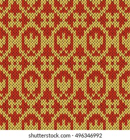 Abstract knitting ornamental seamless vector pattern as a knitted fabric texture in warm hues of orange 