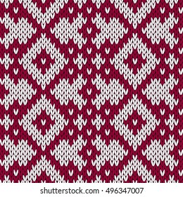 Abstract knitting ornamental seamless vector pattern as a knitted fabric texture in dark red and white colors