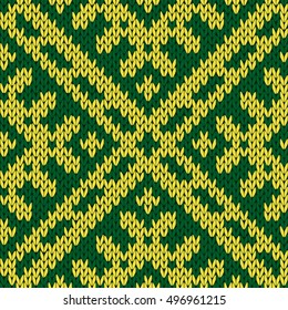 Abstract knitting ornamental seamless vector pattern as a knitted fabric texture in green and yellow colors 