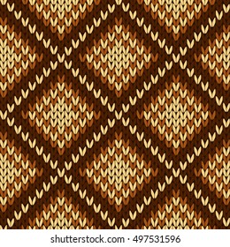 Abstract knitting ornamental seamless vector pattern with square cells in various hues of brown as a knitted fabric texture