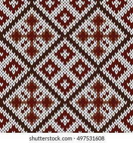 Abstract knitting ornamental seamless vector pattern with squares and crosses in white, red and brown colors as a knitted fabric texture 