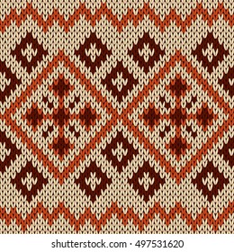 Abstract knitting ornamental seamless vector pattern with rhombus and crosses in orange, beige and brown colors as a knitted fabric texture 