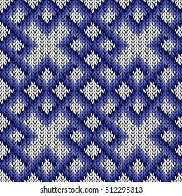 Abstract knitting ornamental seamless vector pattern as a knitted fabric texture in blue and white colors