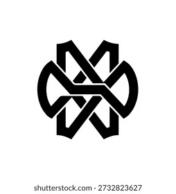 Abstraktes Knoten-Logo, verflochtene schwarze Formen, die ein komplexes kreisförmiges Muster schaffen, modernes Design für Unendlichkeit oder Verbindung.