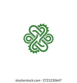 Abstraktes Knotendesign mit mechanischen Zahnelementen. Synergie- und Kooperationssymbol für den Technologie- oder Industriesektor. Grüne Vektorgrafik.