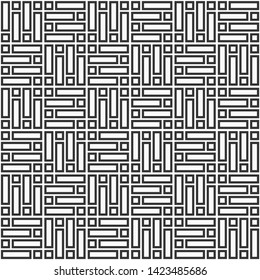 Abstract Korean or Chinese seamless pattern. Repeatimg geometric symmetric ornament. Bricks cladding floor. Mosaic motif. Modern stylish texture. Trellis. Vector monochrome tiled background.