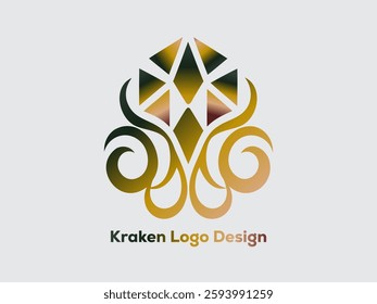 Abstract kraken logo with geometric and swirl design elements. Gold and dark green gradient.