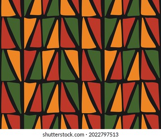 Abstract Kwanzaa, Black History Month, Juneteenth seamless pattern with hand drawn triangles in traditional African colors - black, red, yellow, green. Vector tribal ethnic bright background design