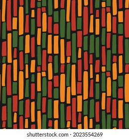 Abstract Kwanzaa, Black History Month, Juneteenth seamless pattern with hand drawn vertical lines in traditional African colors - black, red, yellow, green. Vector tribal ethnic background design.