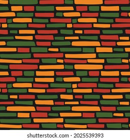 Abstract Kwanzaa, Black History Month, Juneteenth seamless pattern with hand drawn horizontal lines, bricks in traditional African colors - black, red, yellow, green. Vector ethnic background design.