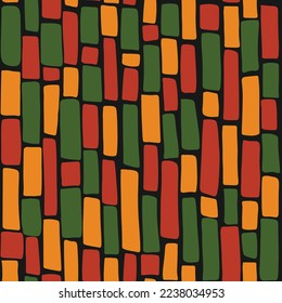 Abstract Kwanzaa, Black History Month, Juneteenth seamless pattern with hand drawn vertical lines in traditional African colors - black, red, yellow, green. Vector tribal geometric ethnic background