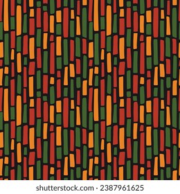 Resumen de Kwanzaa, Mes de la Historia Negra, 19 de junio patrón sin fisuras con líneas verticales dibujadas a mano en colores africanos tradicionales - negro, rojo, amarillo, verde. Diseño de antecedentes étnicos tribales vectoriales.