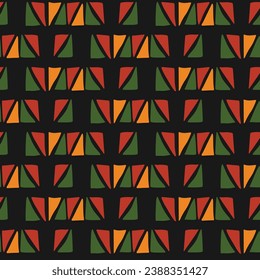 Abstract Kwanzaa, Black History Month, Juneteenth seamless pattern with hand drawn triangles in traditional African colors - black, red, yellow, green. Vector tribal ethnic bright background design.