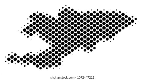 Abstract Kyrgyzstan map. Vector halftone geographical scheme. Cartographic dot concept. Schematic Kyrgyzstan map is created from regular round cell mosaic.
